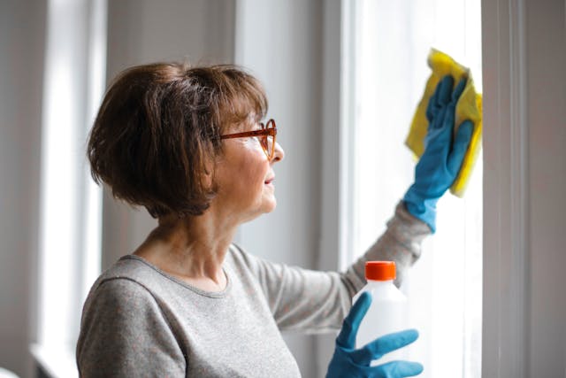 tenant using a yellow cloth to wipe down their windows